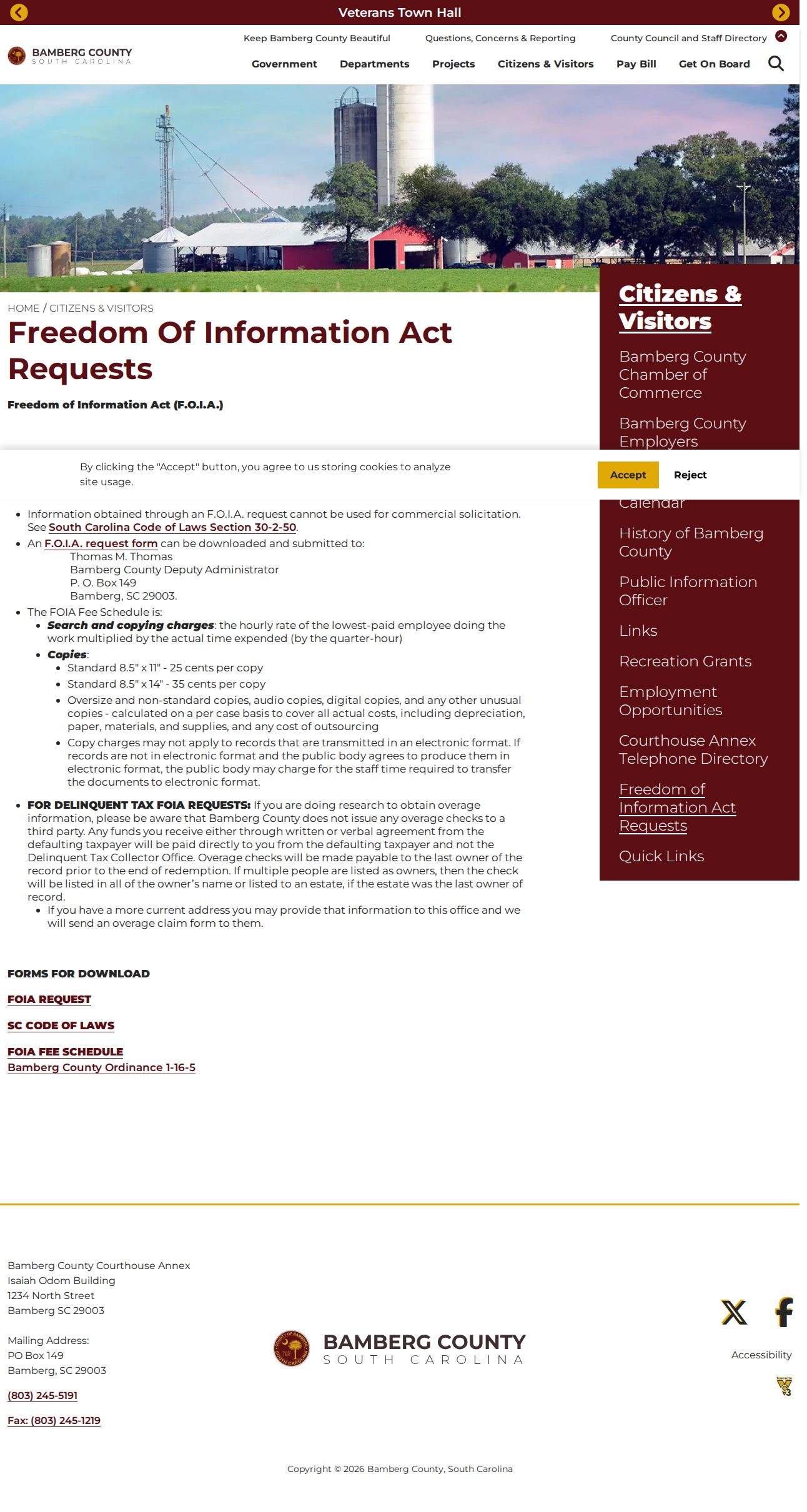Bamberg County booking records FOIA request source page