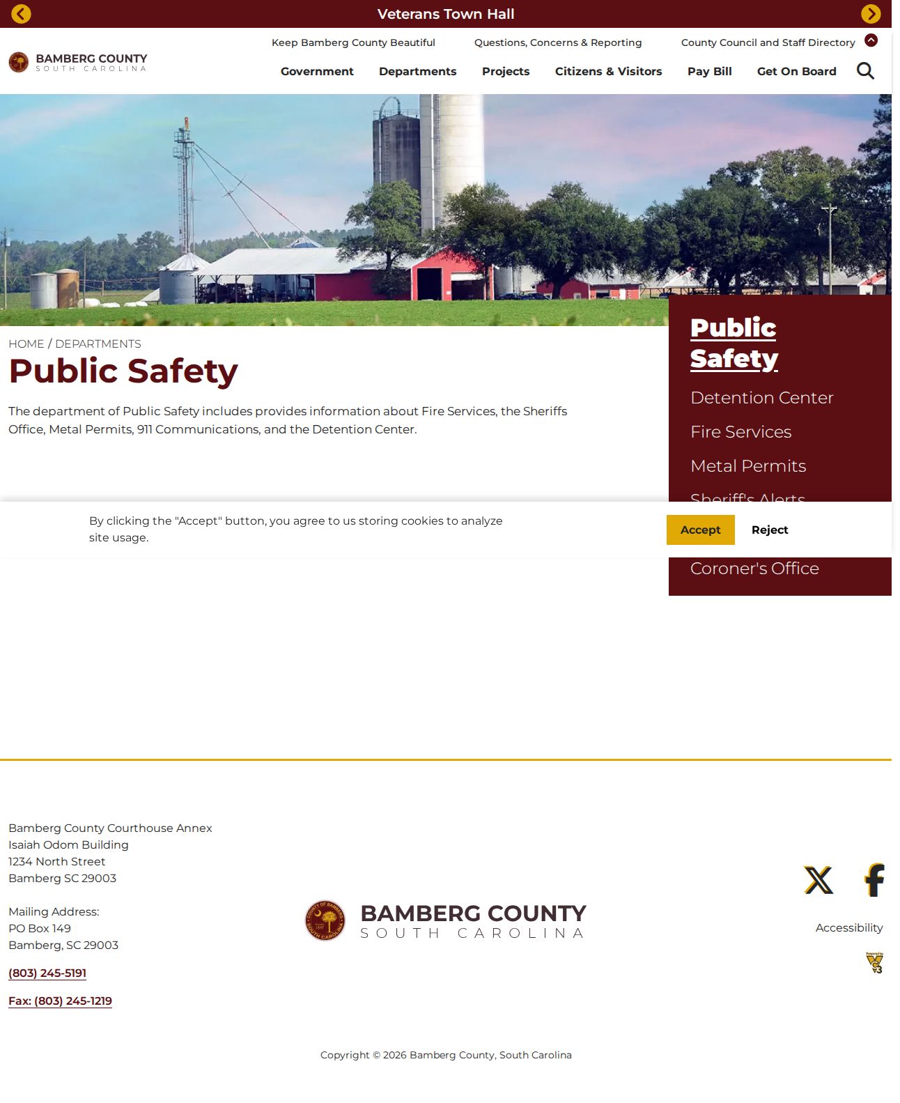 Bamberg County public safety page and jail roster access context